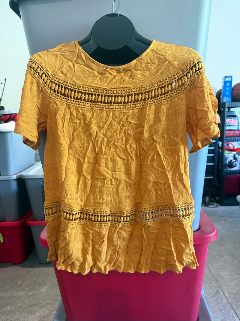 Womenโs Mustard Yellow Crochet Trim Short Sleeve Top p65